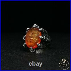 Amber Mens Claw Ring Fire Stone Vintage Silver Engraved Protection Men Jewelry