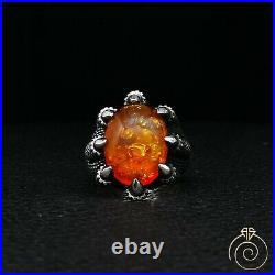 Amber Mens Claw Ring Fire Stone Vintage Silver Engraved Protection Men Jewelry