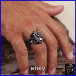 Anchor Men Ring Sailor Signet Vintage Navy Silver Cocktail Onyx Engraved Jewelry