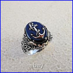 Anchor Men Ring Sailor Signet Vintage Navy Silver Cocktail Onyx Engraved Jewelry