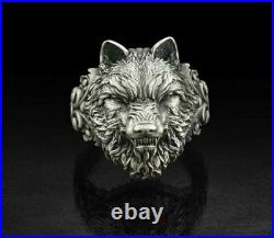 Angry Wolf Head Animal Pattern Oxidized Signet Men's Biker Artfully Ring In 925