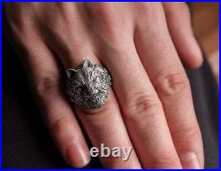 Angry Wolf Head Animal Pattern Oxidized Signet Men's Biker Artfully Ring In 925