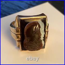 Antique 10K Gold Mens Double Cameo Ring Roman Soldier Sz 12 Vtg Italian Two Face