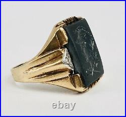 Antique 10k Solid Yellow Gold Hematite Intaglio & Diamond Mens Ring Size 8