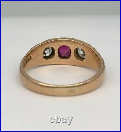 Antique 14k Gold 1.00ct Old European Cut Diamond & Ruby Gypsy 3 Stone Men's Ring