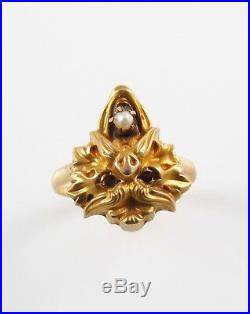 Antique 14k Gold Art Nouveau North Wind Man Pearl Conversion Ring Size 5.5