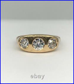 Antique 14k Yellow Gold 1.39ct Old European Cut Diamond Gypsy 3 Stone Men's Ring