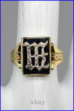 Antique 1900s Edwardian BLACK ONYX W INITIAL 14k Yellow Gold Mens Ring Band
