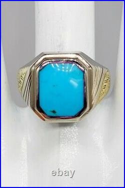 Antique 1920s $2400 7ct Natural Turquoise 10k White Yellow Gold Mens Ring Band