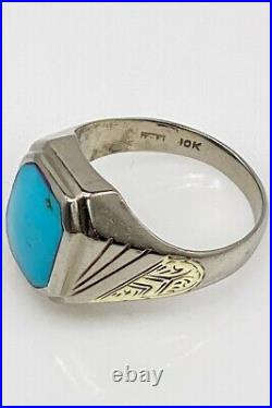 Antique 1920s $2400 7ct Natural Turquoise 10k White Yellow Gold Mens Ring Band