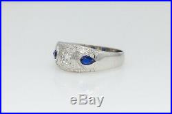 Antique 1920s $3000 1ct Diamond Blue Sapphire 14k White Gold Mens 9mm Band Ring