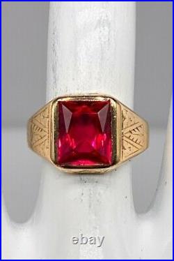 Antique 1920s 5ct French Cut RUBY 14k Yellow Gold Signed Mens Ring Band 7g