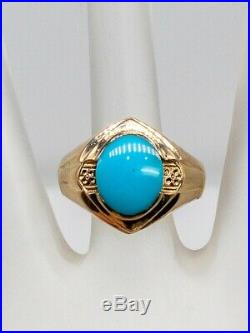 Antique 1920s 5ct Natural Turquoise Gem 14k Yellow Gold Mens Band Ring RARE