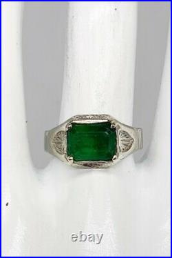 Antique 1920s $6000 4ct Colombian Emerald 18k White Gold Mens Band Ring