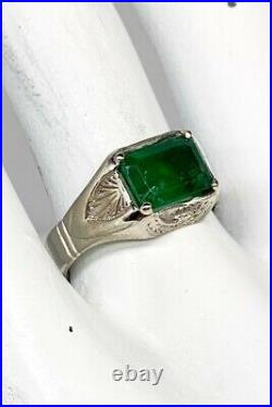 Antique 1920s $6000 4ct Colombian Emerald 18k White Gold Mens Band Ring