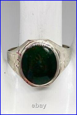Antique 1920s 6ct Natural BLOODSTONE 10k White Gold Mens Ring Band 5g