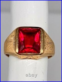 Antique 1920s 7ct French Cut RUBY 14k Yellow Gold Mens Band Ring NICE! 7g