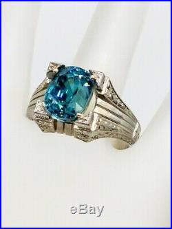 Antique 1920s $8000 12ct Natural Blue Zircon 18k White Gold Mens Ring Band 13g