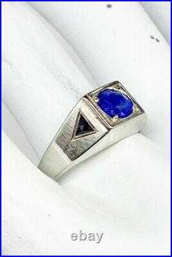 Antique 1920s Belais 1.50ct CERT NO HEAT Blue Sapphire 18k White Gold Mens Ring