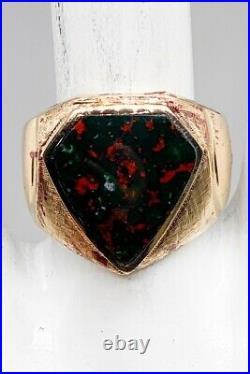 Antique 1930s $2400 Shield Cut 7ct Bloodstone 14k Yellow Gold Mens Ring Band