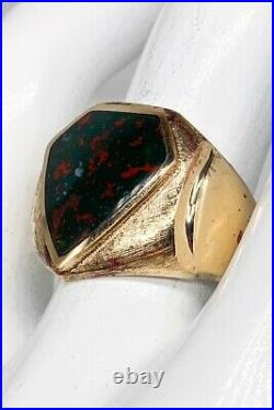 Antique 1930s $2400 Shield Cut 7ct Bloodstone 14k Yellow Gold Mens Ring Band