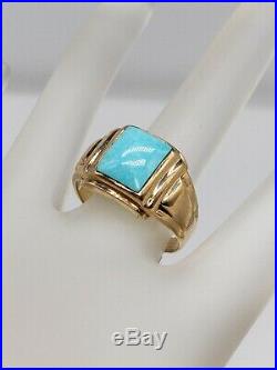 Antique 1930s 4ct Natural Turquoise Gem 10k Yellow Gold Mens Ring Band