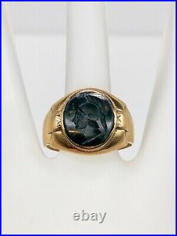 Antique 1930s 5ct BLOODSTONE SOLDIER CAMEO 10k Yellow Gold Mens Band Ring
