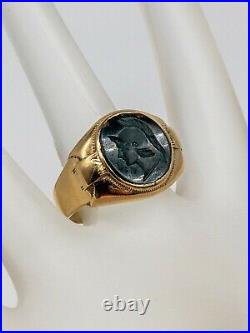 Antique 1930s 5ct BLOODSTONE SOLDIER CAMEO 10k Yellow Gold Mens Band Ring