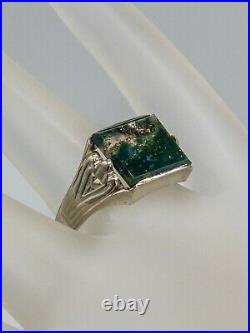 Antique 1930s ART DECO 5ct Natural BLOODSTONE 10k White Gold Mens Band Ring