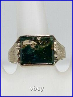 Antique 1930s ART DECO 5ct Natural BLOODSTONE 10k White Gold Mens Band Ring