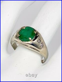 Antique 1940s $5000 4ct Colombian Emerald VS G Diamond 14k White Gold Mens Ring