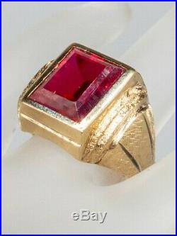 Antique 1940s 7ct French Cut RUBY 10k Yellow Gold Mens Ring Band NICE