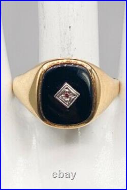 Antique 1940s Natural 5ct Black Onyx Pink Diamond 14k Yellow Gold Mens Ring Band