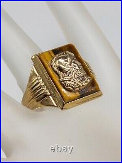 Antique 1940s RETRO 7ct TIGER EYE GEM Soldier 10k Yellow Gold Mens Ring Band 8g