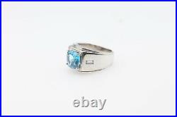 Antique 1940s Signed MC $5000 4ct Blue Zircon Diamond 14k White Gold Mens Ring