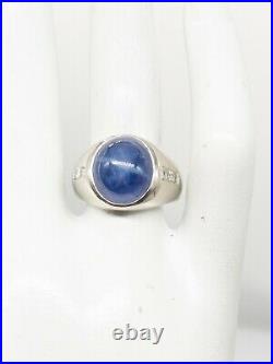 Antique 1950s 10ct Blue STAR Sapphire Diamond 14k White Gold Mens Band Ring 11g