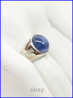 Antique 1950s 10ct Blue STAR Sapphire Diamond 14k White Gold Mens Band Ring 11g
