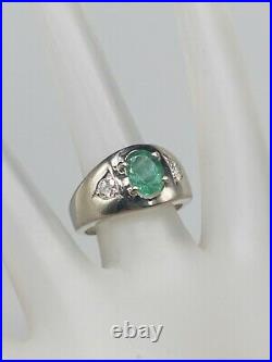 Antique 1950s $5000 2ct Colombian Emerald Diamond 14k White Gold Mens Ring 9g