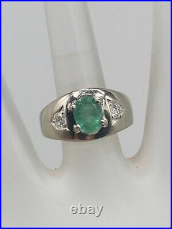 Antique 1950s $5000 2ct Colombian Emerald Diamond 14k White Gold Mens Ring 9g