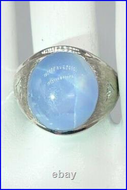 Antique $20,000 40ct Natural Blue STAR Sapphire Diamond 14k White Gold Mens Ring