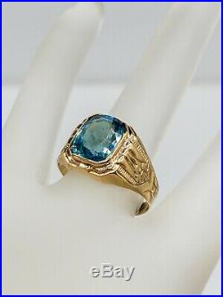 Antique $4K Victorian Ostby & Barton Natural 5ct Blue Zircon 10k Gold Mens Ring