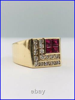 Antique Art Deco 14K Yellow Gold Princess Cut Natural Ruby & Diamond Men's Ring