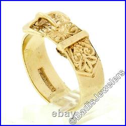 Antique Art Nouveau British Solid 9k Yellow Gold Detailed Men's Buckle Band Ring