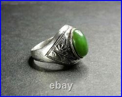 Antique EDWARDIAN ERA Men's Ring Sterling Silver with Natural CHINESE JADEITE JADE