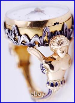 Antique French 18k Gold Enamel Mens Ring Watch Verge Fusee c1780's Angels Cherub