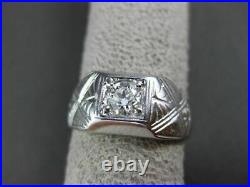 Antique Large. 46ct Old Mine Diamond 14kt White Gold Filigree Mens Ring #23702