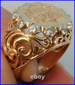 Antique Large Men's 14K Yellow Gold Ring With Round Diamonds 1940's Very Rare