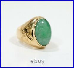 Antique Men's Huge 16Ct Natural Green 19mm Jade 14K Rose Gold Ring 1920s