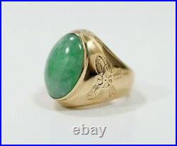 Antique Men's Huge 16Ct Natural Green 19mm Jade 14K Rose Gold Ring 1920s