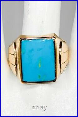 Antique RETRO 1940s 10ct Natural Turquoise 10k Yellow Gold Mens Ring Band 6g